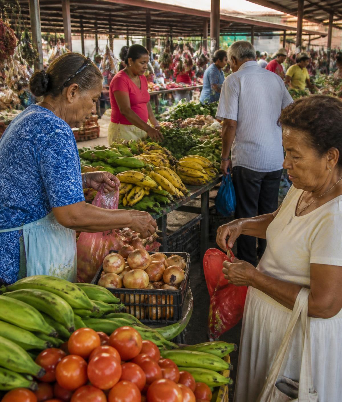 Shoppers and vendors at a covered produce market in Panama